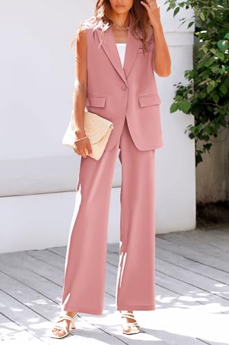 PRETTYGARDEN Women's 2 Piece Outfits Sleeveless Suit Vest and Wide Leg Pants Business Casual Blazer Sets