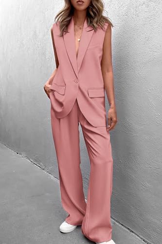 PRETTYGARDEN Women's 2 Piece Outfits Sleeveless Suit Vest and Wide Leg Pants Business Casual Blazer Sets