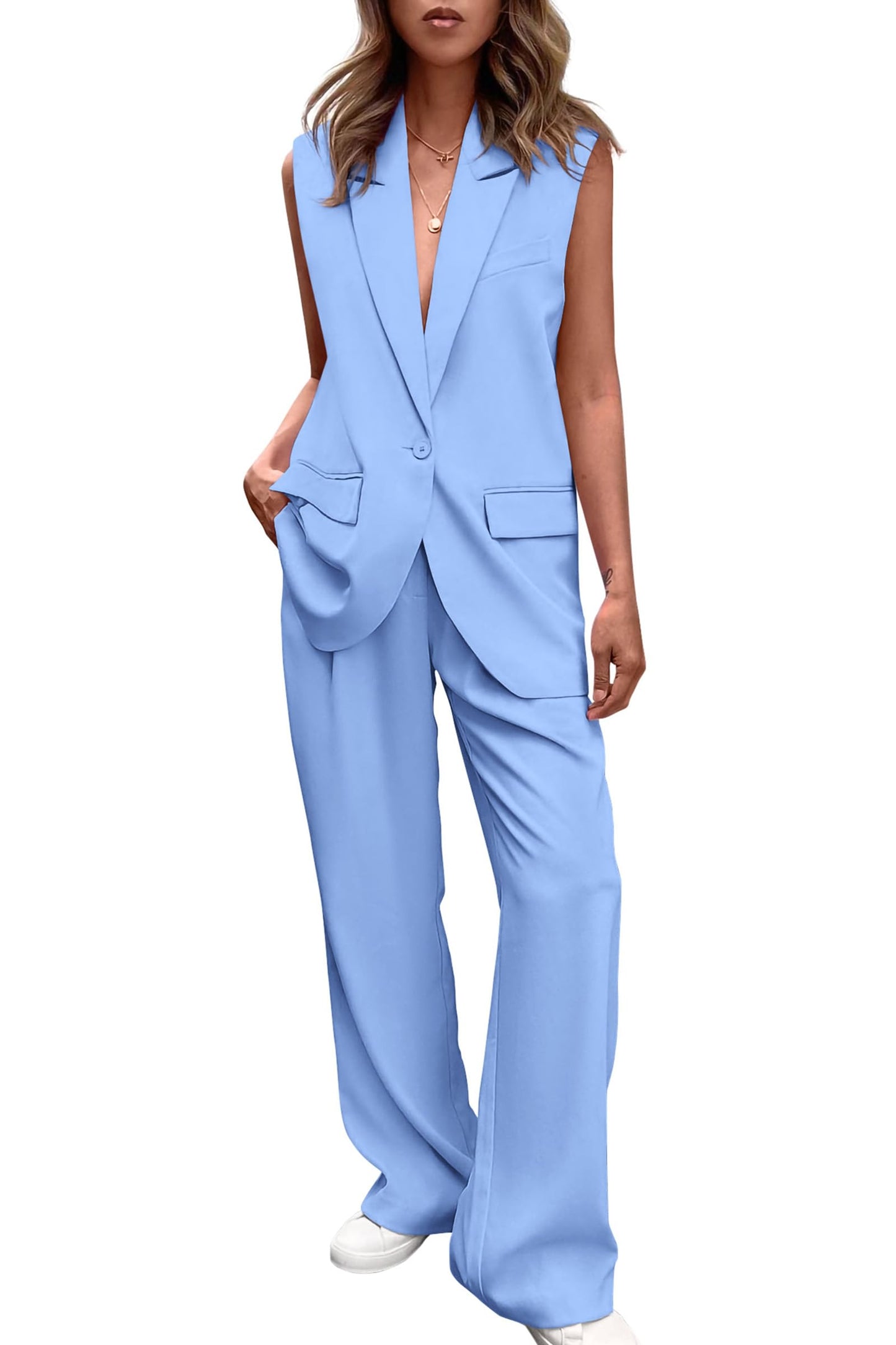 PRETTYGARDEN Women's 2 Piece Outfits Sleeveless Suit Vest and Wide Leg Pants Business Casual Blazer Sets