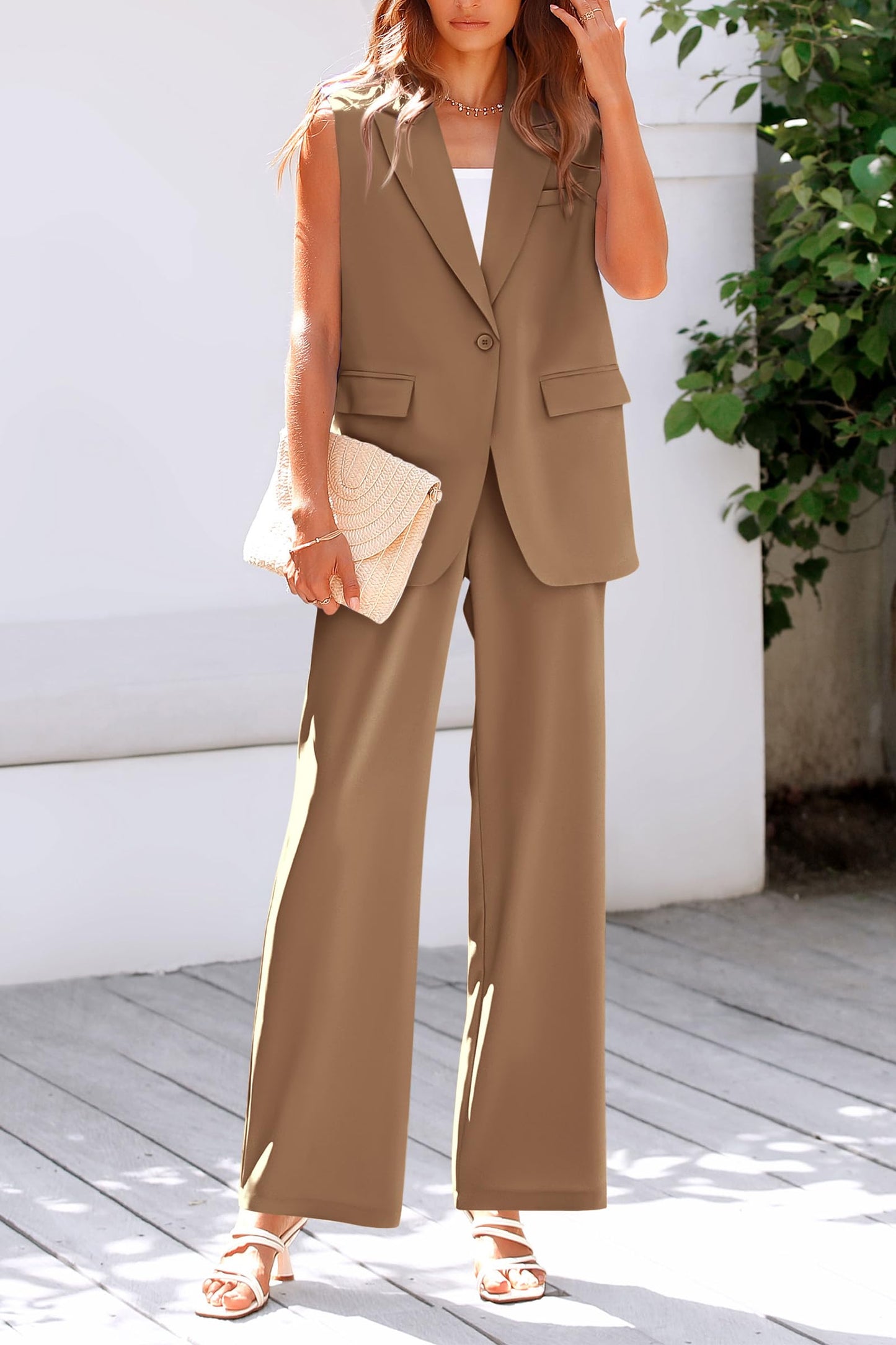 PRETTYGARDEN Women's 2 Piece Outfits Sleeveless Suit Vest and Wide Leg Pants Business Casual Blazer Sets