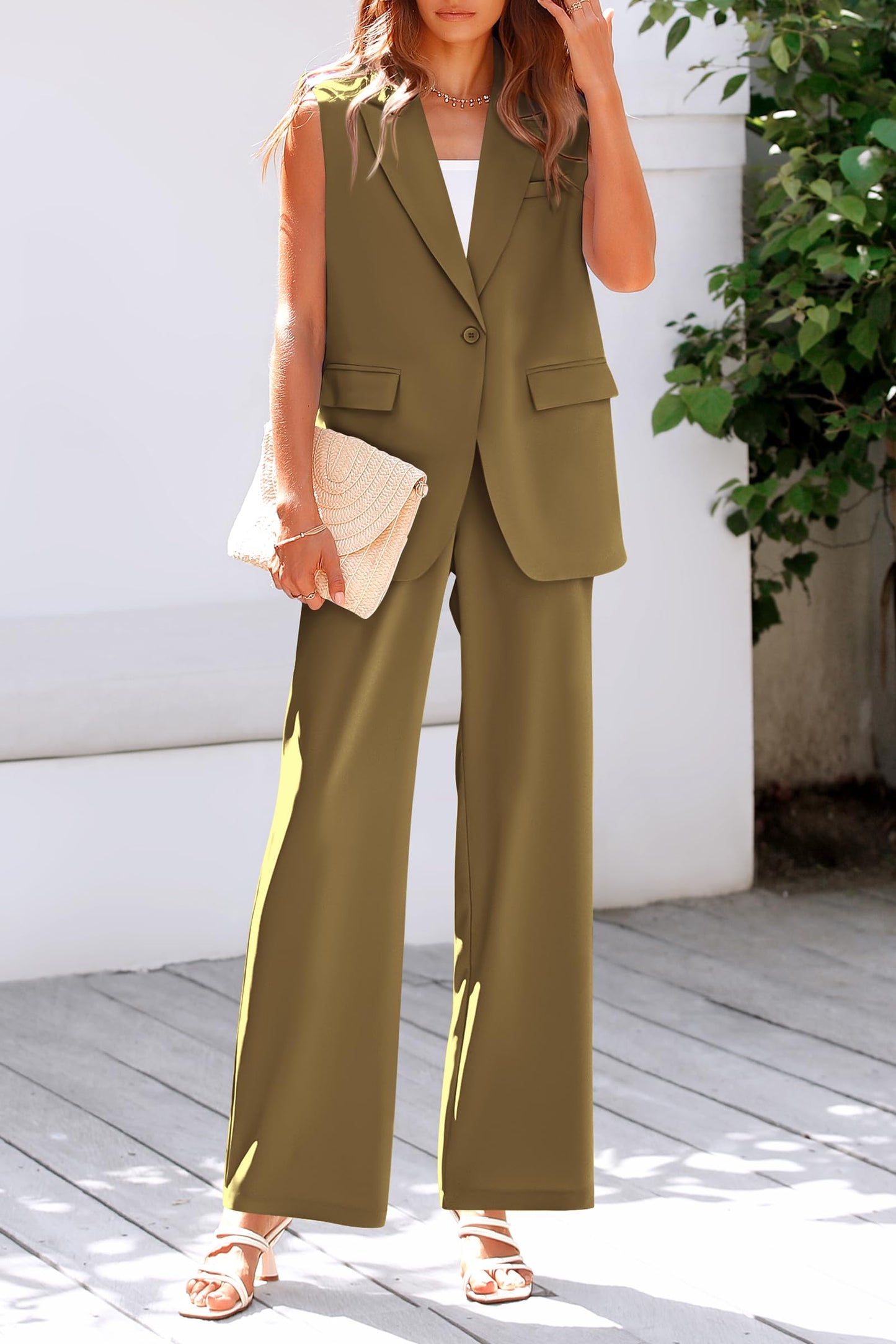 PRETTYGARDEN Women's 2 Piece Outfits Sleeveless Suit Vest and Wide Leg Pants Business Casual Blazer Sets